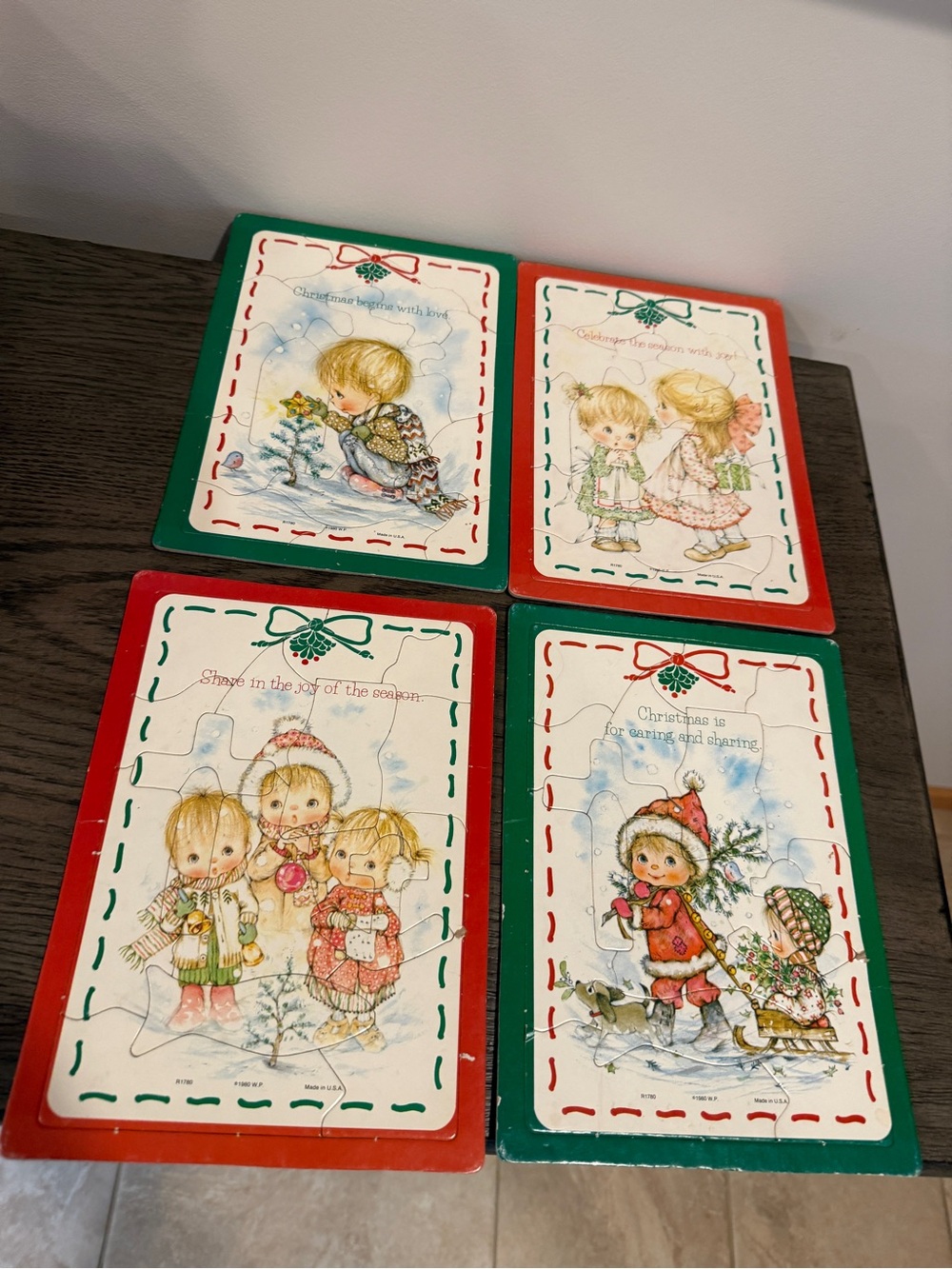 Vintage 1980 Christmas Children’s Puzzles Set of 4 W.P. Holiday Wood Board
